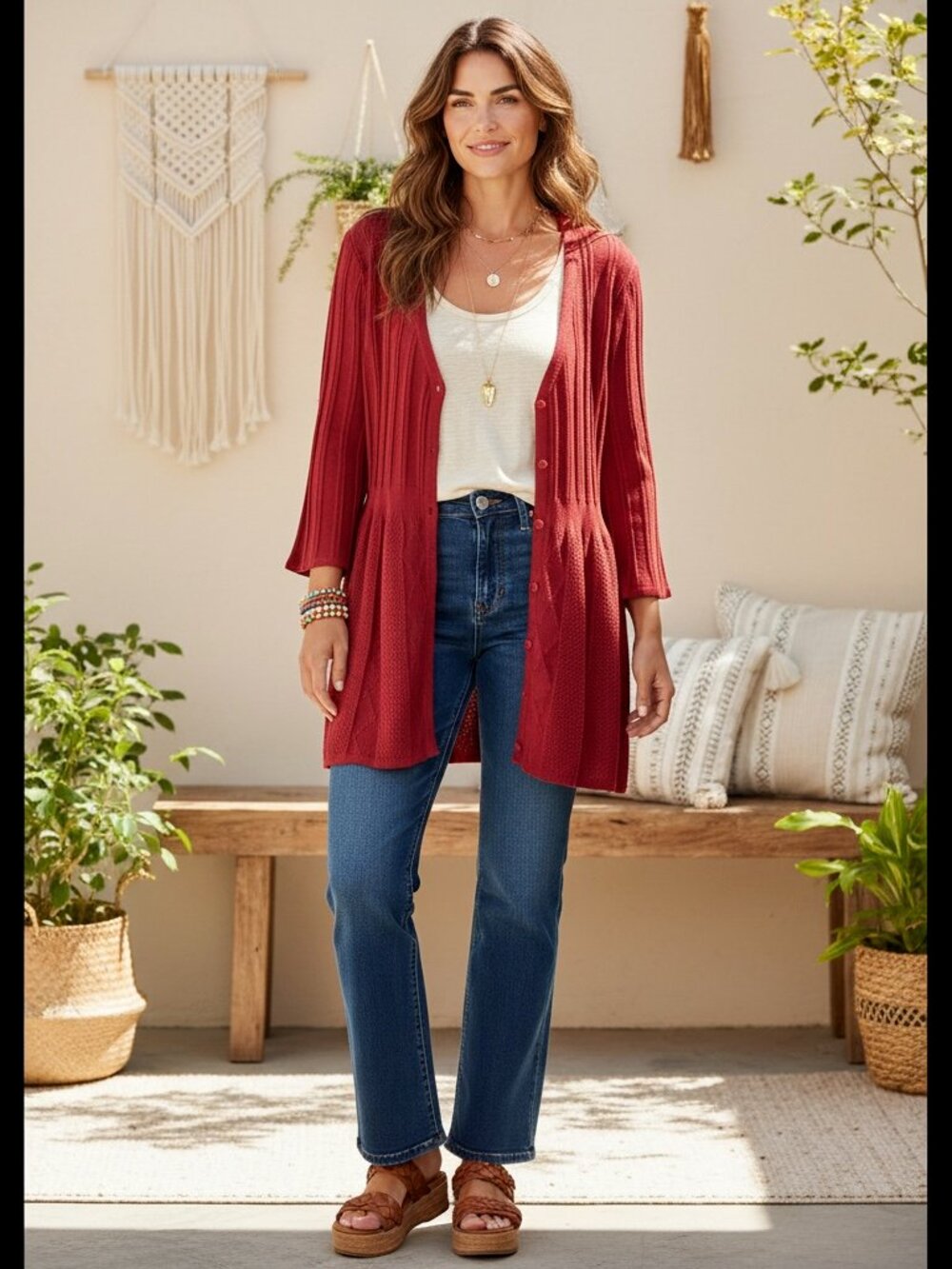 Croft & Barrow XL Red Cardigan Sweater Flare V Neck Cable Knit 100% Cotton